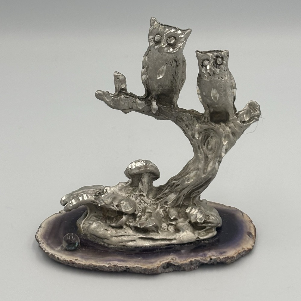 Vintage Pewter Owls On Branch with‎ Mushrooms Figure on Purple Agate